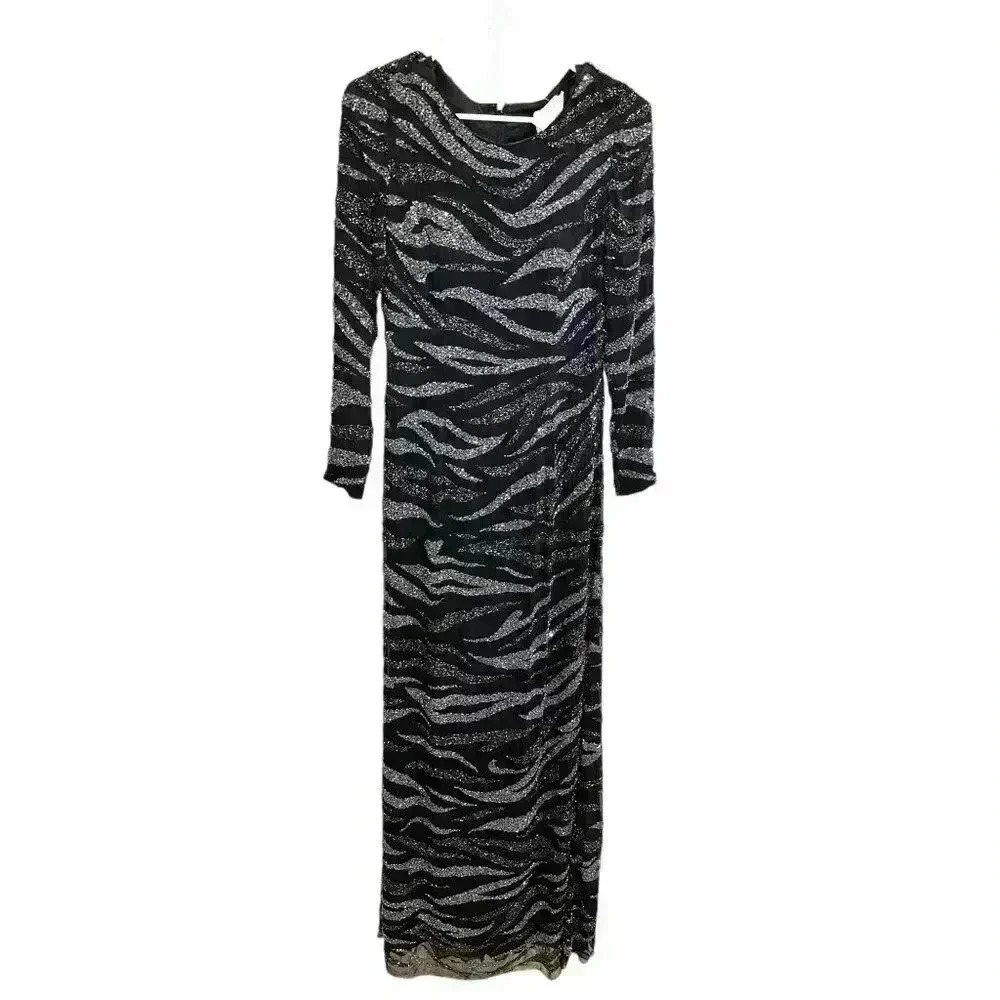Mon Cheri Evenings Silk Black and Silver Beaded Long Sleeve Dress Size 4, EUC